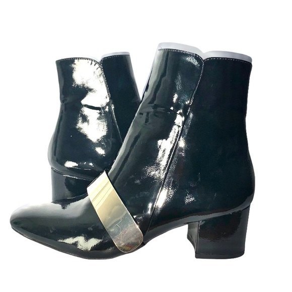 Zara Black/Gold Patent Leather Side Zip Almond Toe Chunky Block Heel Ankle Boots - Picture 4 of 11